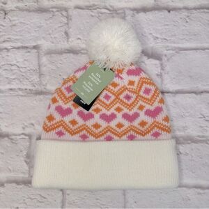 H&M Beanie Pom Stretch Nordic Heart Preppy Pink Orange Stretchy Ribbed Knit Hat
